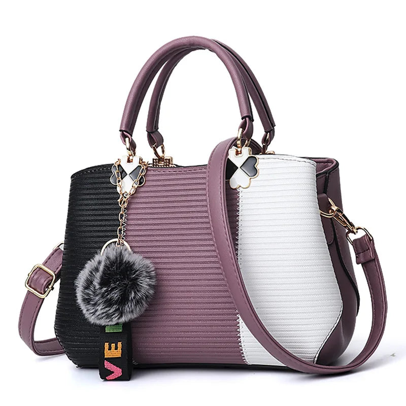 Women Ladies PU Leather Patchwork Color Handle Bags Single Shoulder Bag Zipper Interior Slot Pocket Handbags