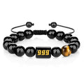10mm Natural Black Onyx Stone Beaded Lucky Angel Number Bracelet Handmade Braided Tiger Eye Adjustable Men's Bracelet