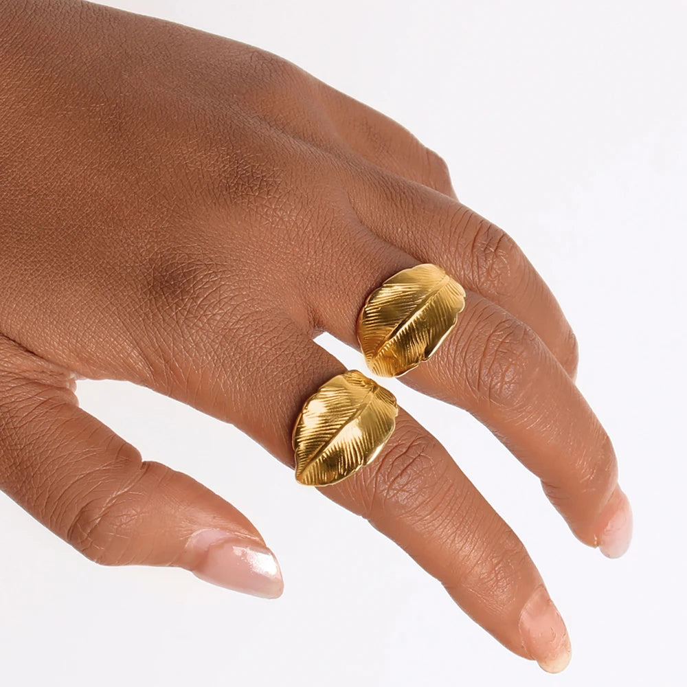 18k Gold Plated Adjustable Ring Trendy Chic Stainless Steel Leaves Square Open Ring for Women Jewelry