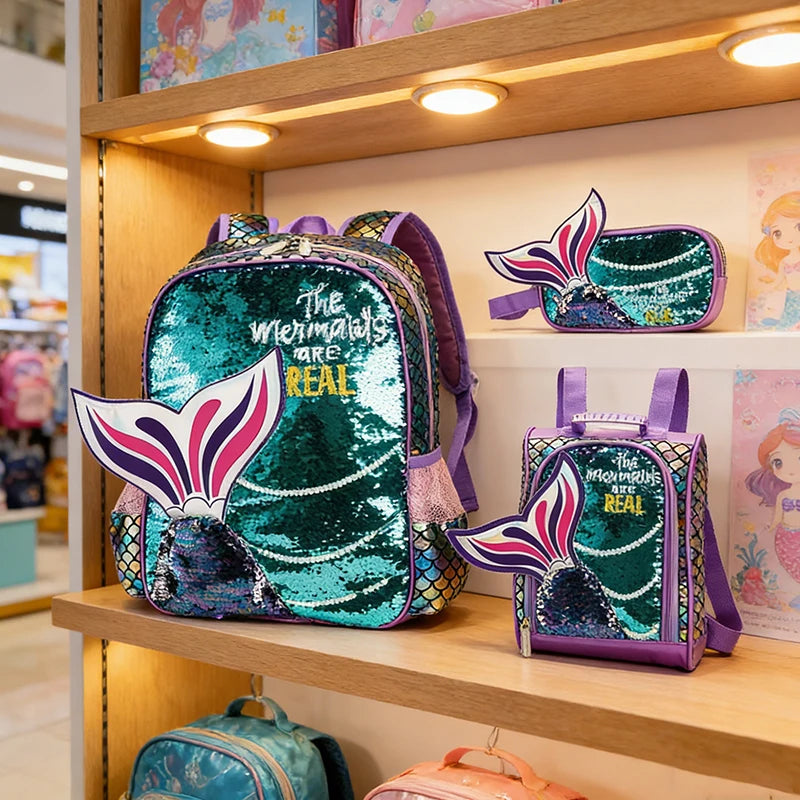 Custom Premium Twinkle Student Backpack Sequins Kids MermaiD 3 Pieces School Bags Set with Pencil Case Lunch Bag for Girls