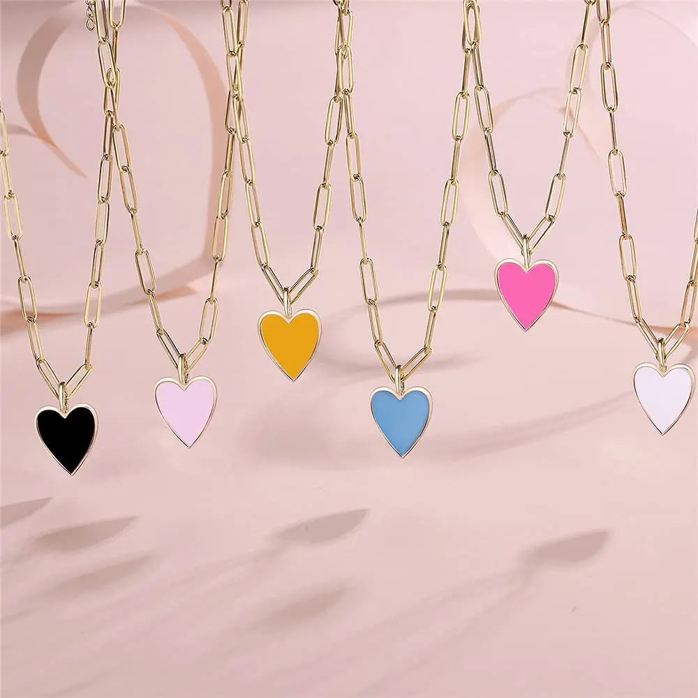 Dainty Link Chain Preppy Jewelry 14K Gold Plated Stainless Steel Cute Pink Colorful Heart Necklace Women Teen Girls Anniversary