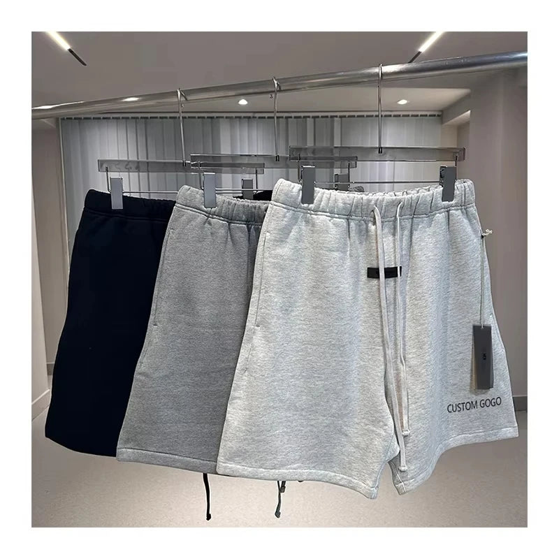 Wholesale Men's 100% Cotton Knitted Mid Elastic Waist Breathable Anti-Wrinkle Sporty Letter Logos Shorts in Light Dark Oatmeal