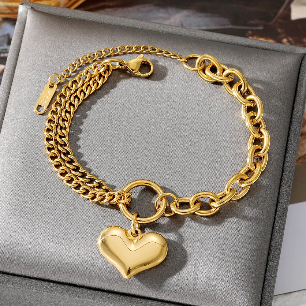 Double Chain Heart Pendant Tarnish Free 18k Gold Plated Stainless Steel Chain Bracelet Bangle Jewelry Love Heart Link Bracelet