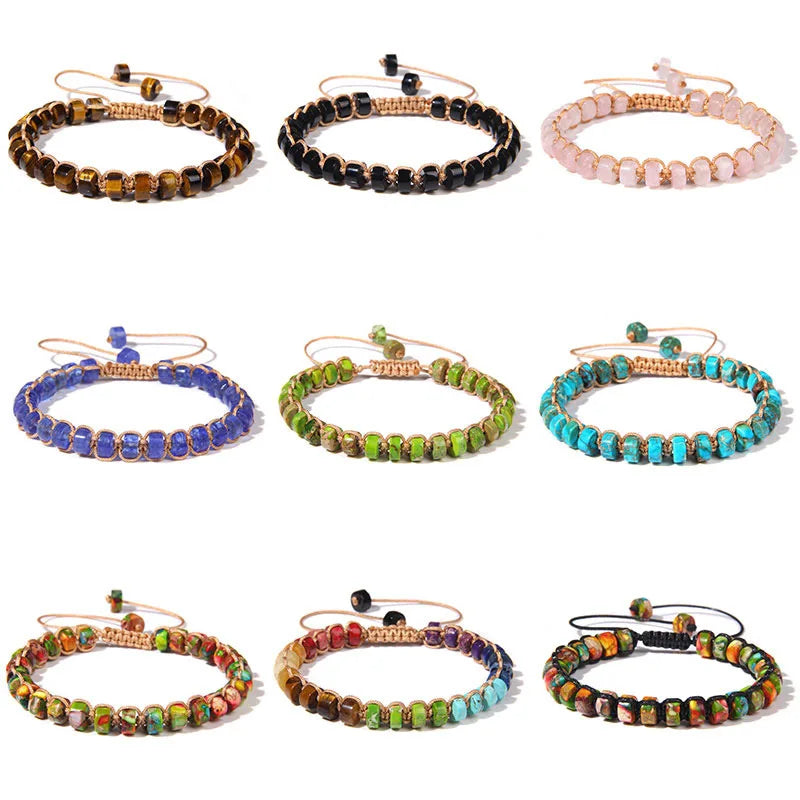 Bohemian Style Stretch Adjustable Handmade Woven Braided Wheel Spacer Stone Bead Natural Stone Bracelet