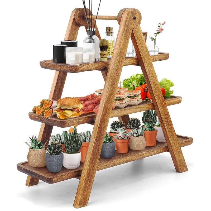Wood 3 Tier Serving Tray Cupcake Stand Rectangle Party Serving Platter Wooden Farmhouse Tiered Tray Decor