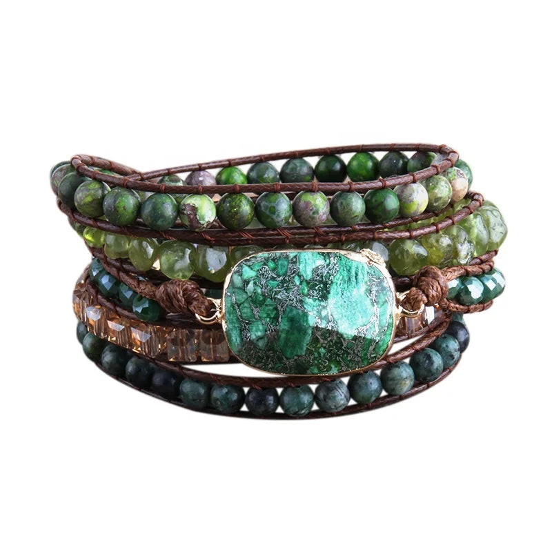 Handmade Boho Natural Stone Crystal Glass Purple Sediment Jasper Bracelet 5 Strands Wrap Bracelets