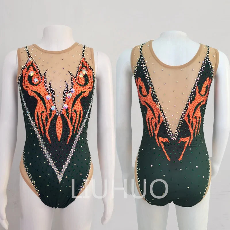 For LIUHUO Army Green Girls Women Synchronized Swimming Leotards Competitive Dance & Ballroom Training Swimsuits with Diamond De