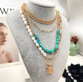 Classic Multi Layer Gold Plated Jewelry Layered Turquoise Necklace Pearl Women Fashion Luxury Jewelry Necklace Wholesale