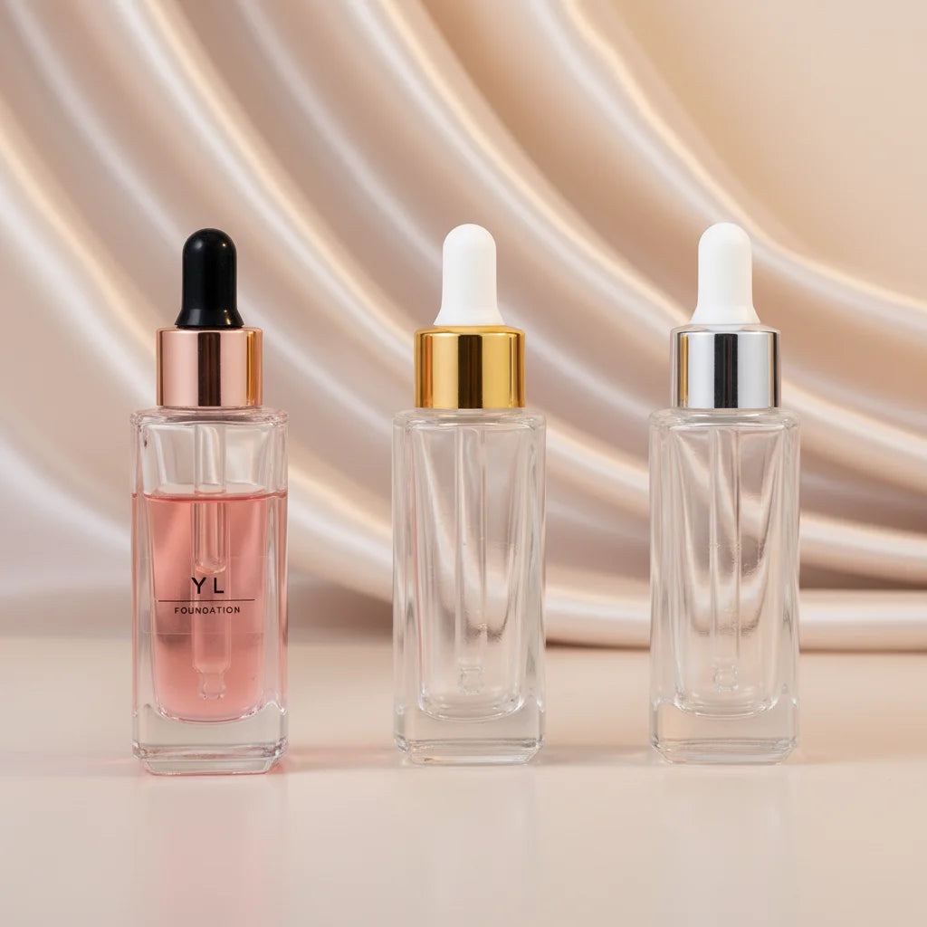 Wholesale 10ml 15ml 30ml Flat square Rectangular Glass Dropper Bottle with Rose Gold Dropper