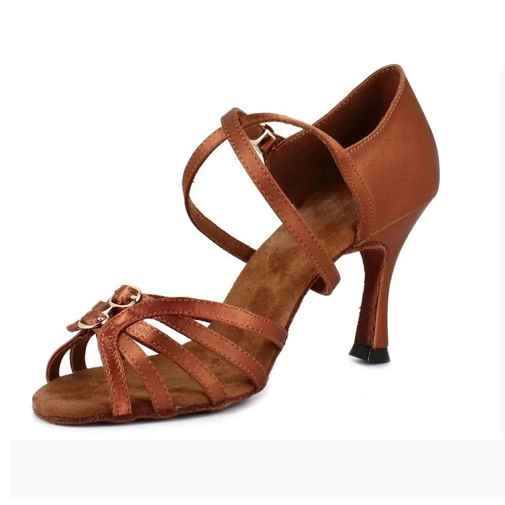 Evk1001 Customized Girls Soft Suede Sole Ballroom Salsa Latin Dance Shoes Professional Classic Lady Brown Heel for Women