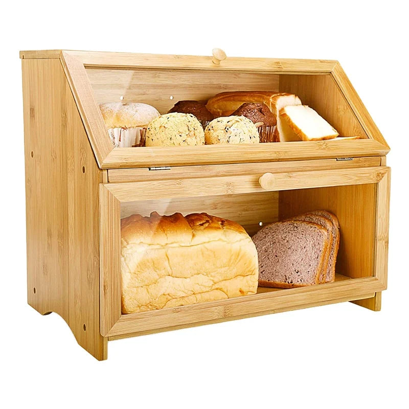 Custom Double Layer Bamboo Bread Box with Lid Large Capacity Kitchen Countertop Storage for Food for Home or Gift