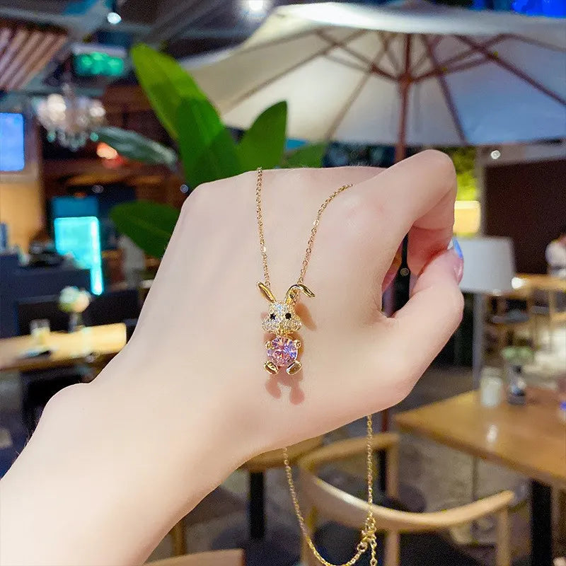 2023 Newest Shining Full Diamond Zircon Purple Crystal Necklace Stainless Steel Rabbit Pendant Necklace for Women Girls
