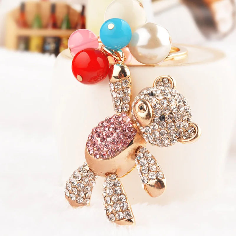 Cute Crystal Balloon Small Bear Key Chain Colorful Rhinestone Balloon Bear Pendant Keychain for Women