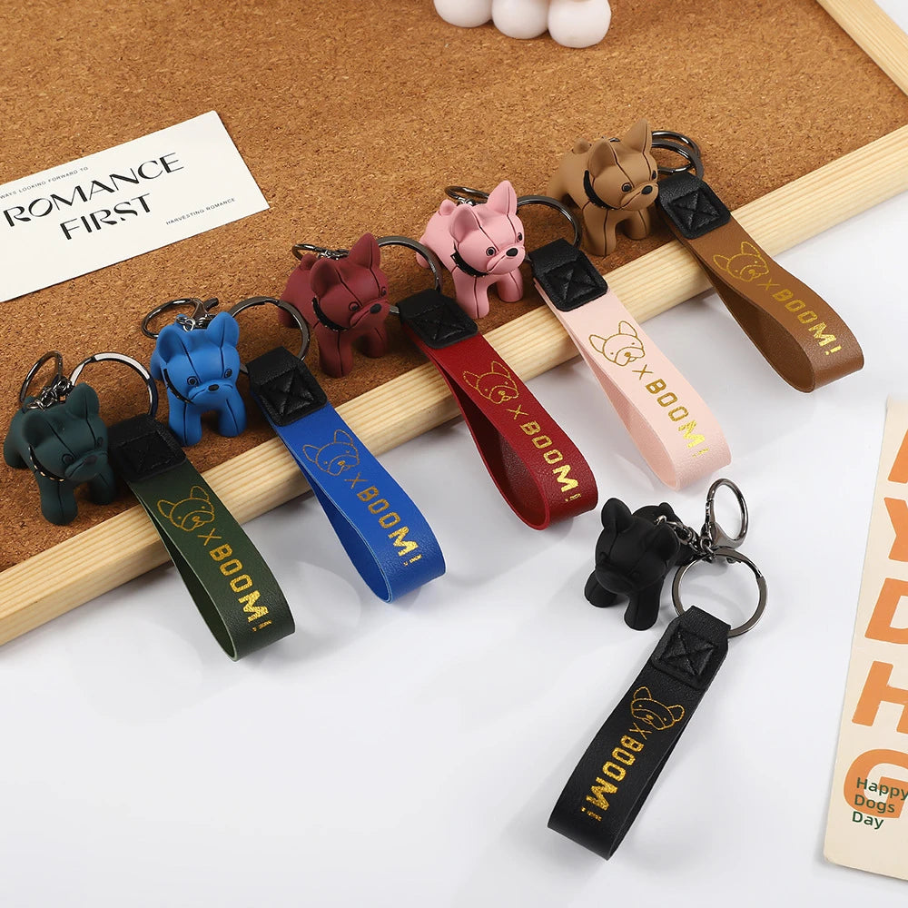 3D French Bulldog Keychain Resin Dog Charm with Wide PU Wrist Strap for Car Keys
