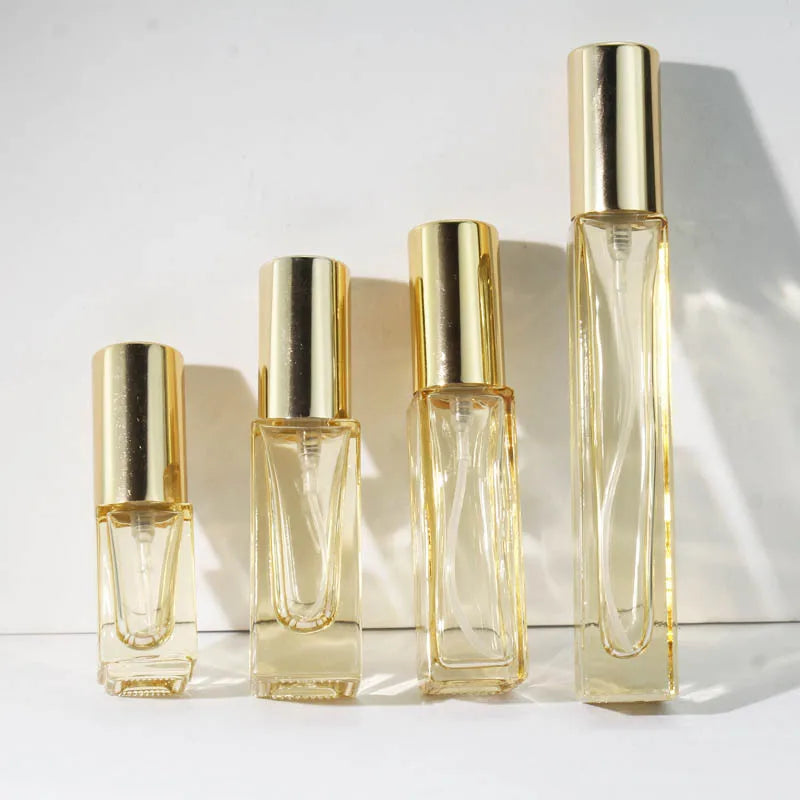 New Design 3ml 5ml 8ml 10ml Spray Glass Perfume Bottle Atomizer Gold Transparent Square Portable Refillable Screw Cap Perfume
