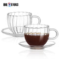 AIHPO05 Custom Eco-friendly Insulated Reusable Fancy Cheap 8oz Handmade Ribbed Clear Glass Mug Cappuccino Coffee Cups and Saucer