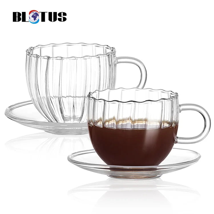 AIHPO05 Custom Eco-friendly Insulated Reusable Fancy Cheap 8oz Handmade Ribbed Clear Glass Mug Cappuccino Coffee Cups and Saucer