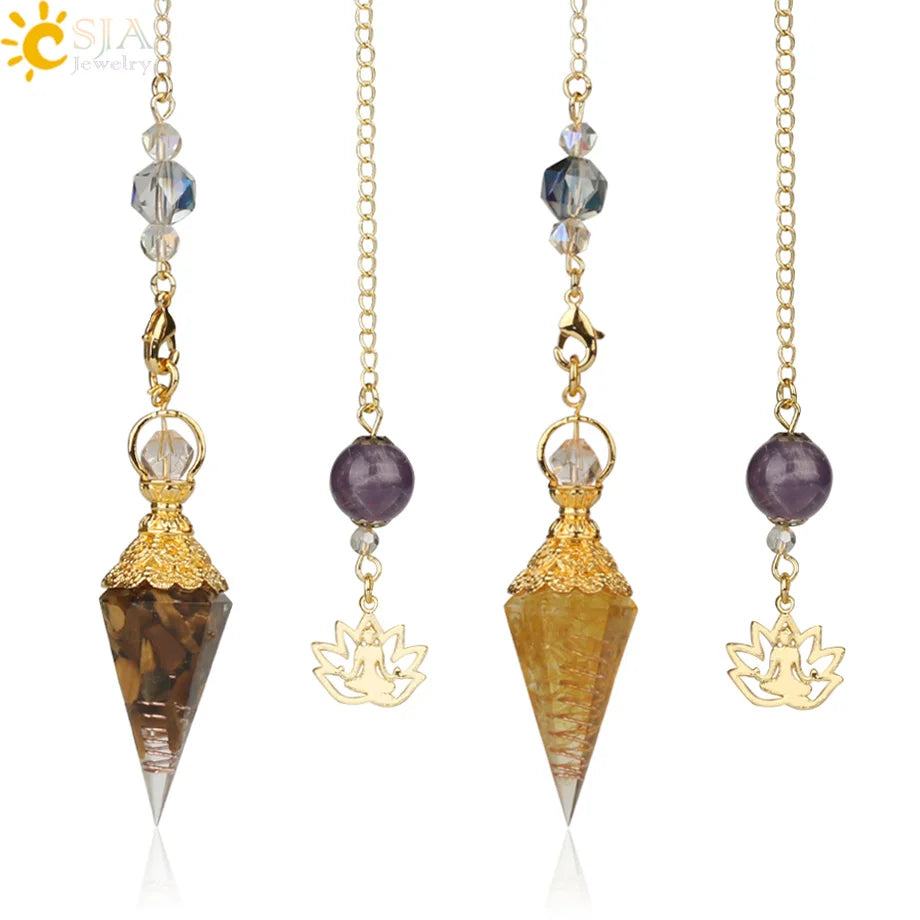 CSJA New Natural Stone Pink Crystal Gold Color Chain Pendulum Divination Reiki Pyramid Pendulo Gemstone G323
