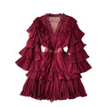 Customize Design Solid Satin Midi Summer Casual Elegant Middle-aged Woman Dress Flutter Sleeves Deep V-Neck Tiered Ruffles