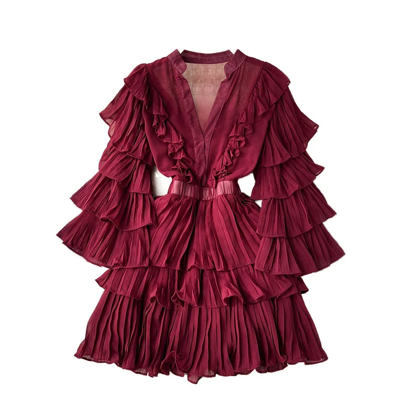 Customize Design Solid Satin Midi Summer Casual Elegant Middle-aged Woman Dress Flutter Sleeves Deep V-Neck Tiered Ruffles