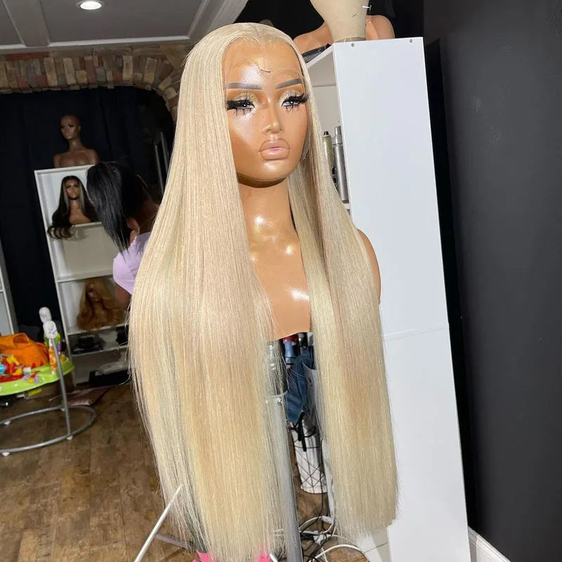 #60 Platinum Blonde Lace Front Human Hair Wigs Bone Straight Virgin Raw Hair Glueless Lace Closure Wigs Pre Plucked for Woman