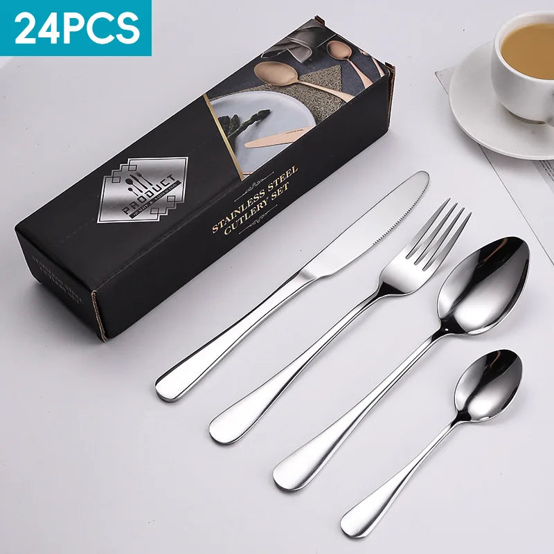 Stainless Steel Restaurant Knife Fork Spoon Silverware Cutlery Set square Round Handle Knife Fork Dessert Spoon Cutlery Set