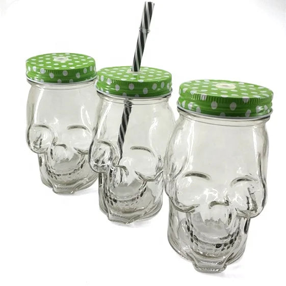 Wholesale 500ml Skull-shape Glass Mason Jars Creative Mason Bottle Mug Coffee Cup with Lid