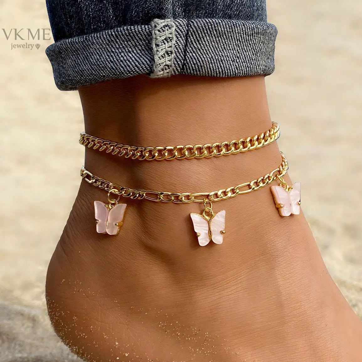 2022 New Fashion Acrylic Butterfly Pendant Anklet Set Women Jewelry