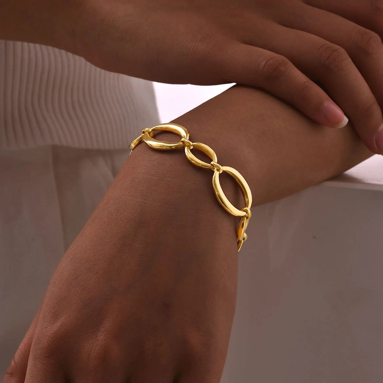 New Arrival Titanium Steel Big Small Ellipse Circle Chains 18k Gold Plated Bracelets Bangles Jewelry for Women