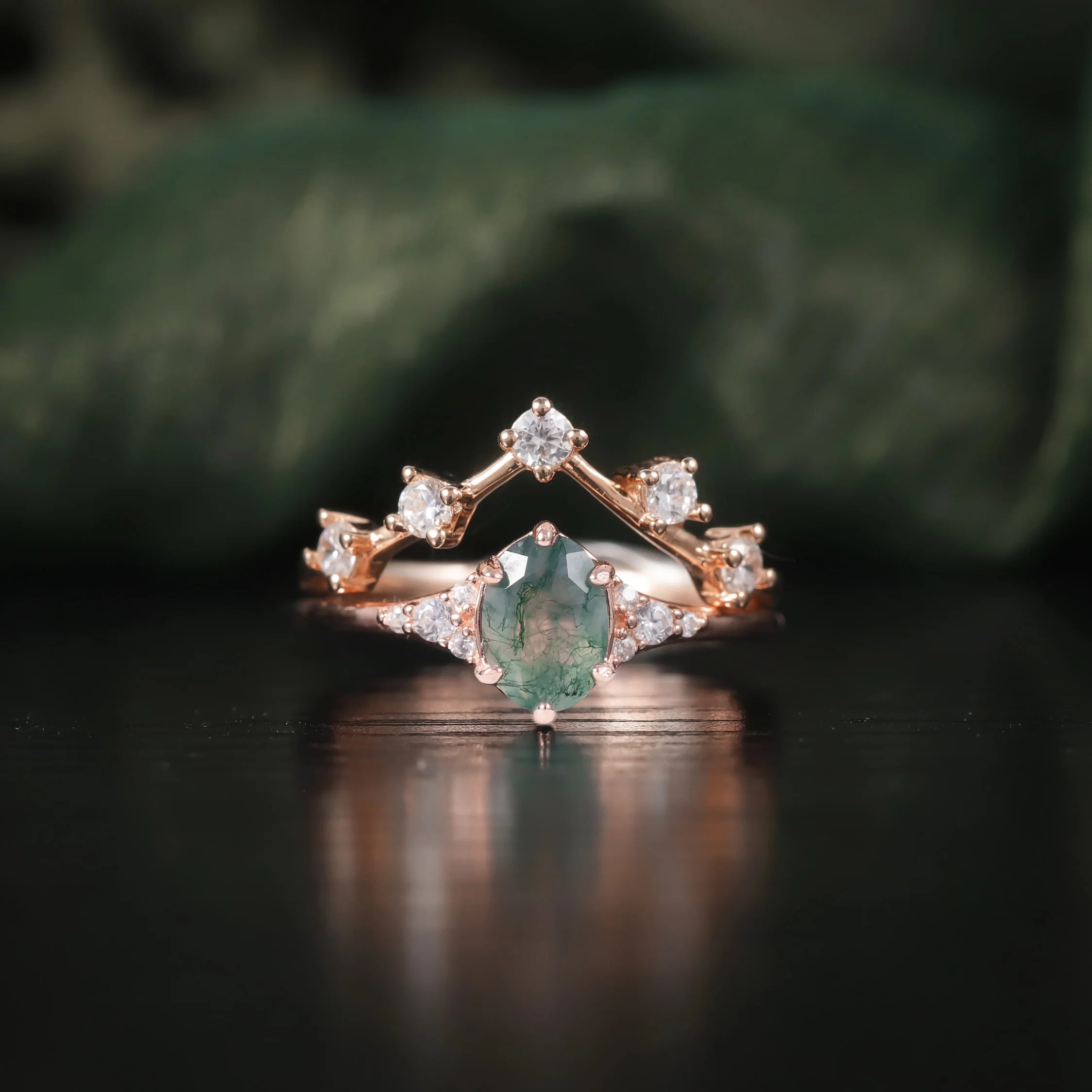 Sustainable Materials Jewelry Manufacturer Dainty Vintage 925 Sterling Silver Oval Moss Agate 14K Rose Gold Bridal Ring Set