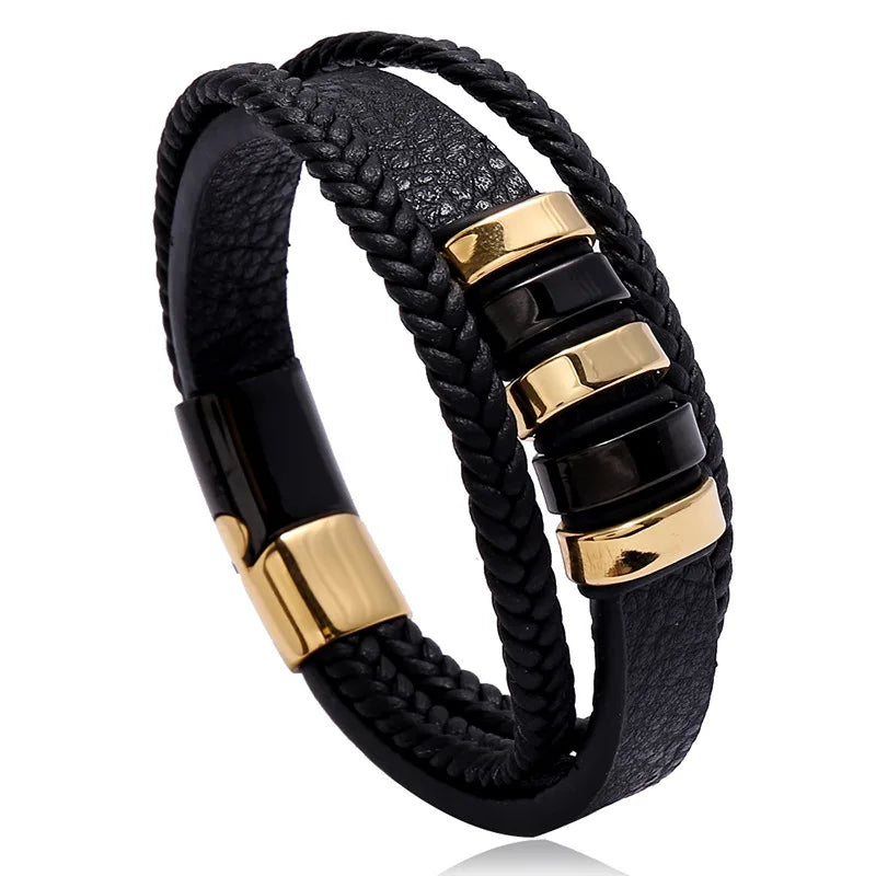 European and American Creative Men's Stainless Steel Magnet CLASP Leather Bracelet Popular Fashion Cuff Jewelry