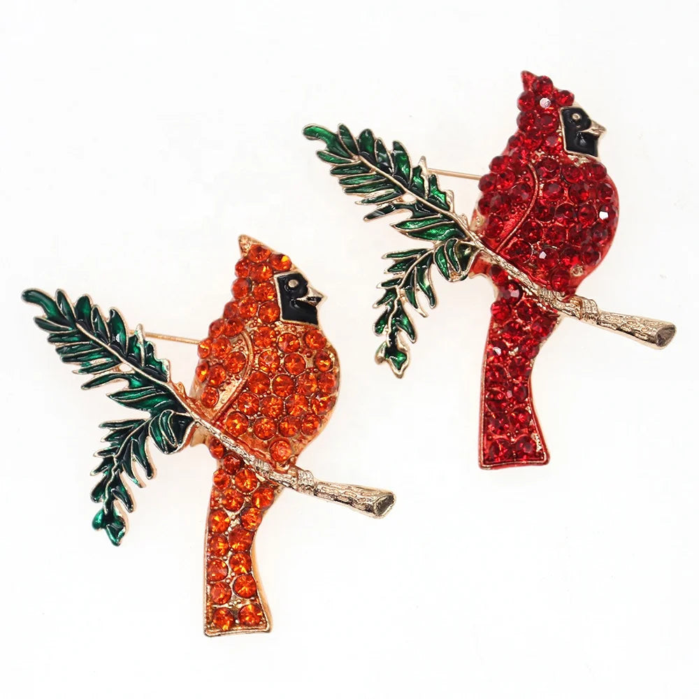 Wholesale Price Red Cardinal Rhinestone Green Enamel Bird Animal Women Christmas Brooch Pins