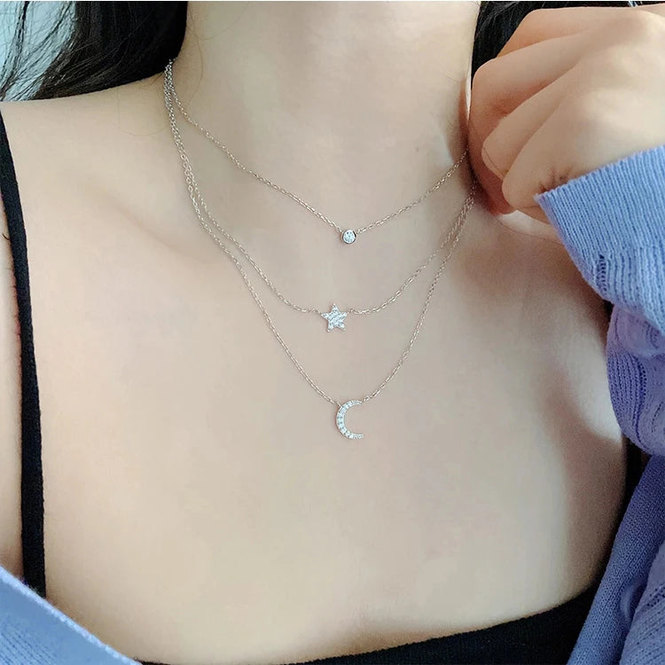 MYF Factory's Custom Rhodium 925 Sterling Silver Double Layer Necklace Moon Star Design Zircon Stone Trendy Style for Party