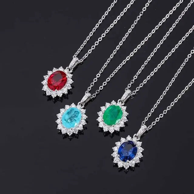 925 Sterling Silver Oval Shape Emerald Ruby Sapphire Necklace Wholesale Blue Color Silver Necklace for Women