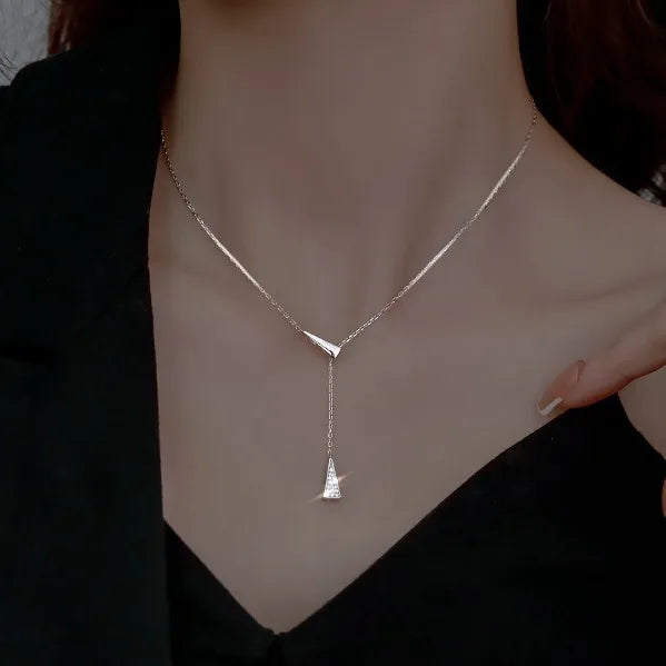 Fashion Slender Triangle Y Pendant Jewelry 925 Sterling Silver 18k Gold Chain Adjustable Long Chain Necklace for Women