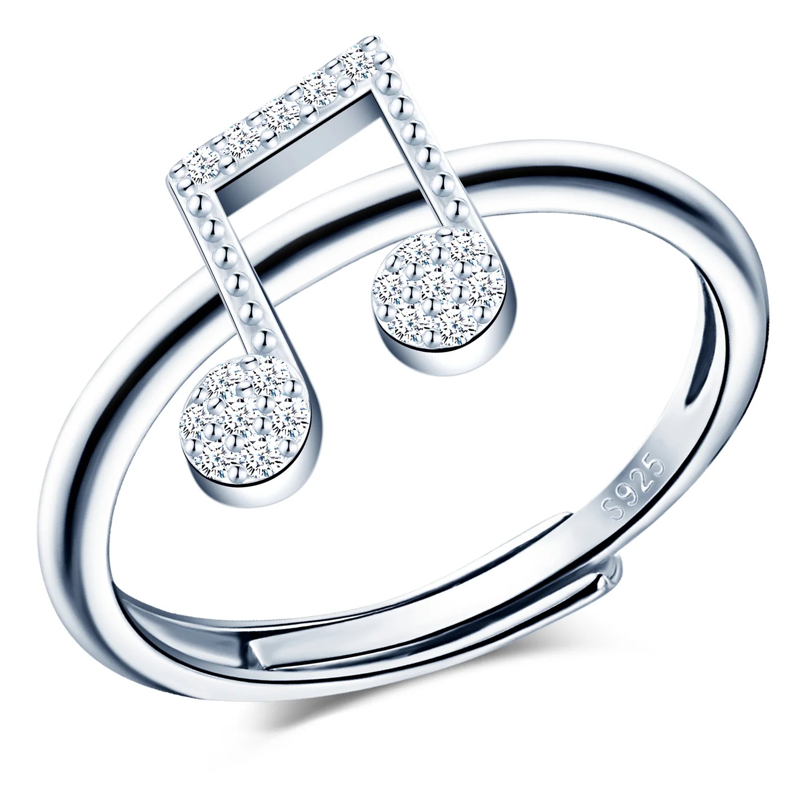 Simple Exquisite Women's 925 Sterling Silver Music Note Gemstone Adjustable Opening Trendy Wedding Rhodium/Platinum Plated Ring