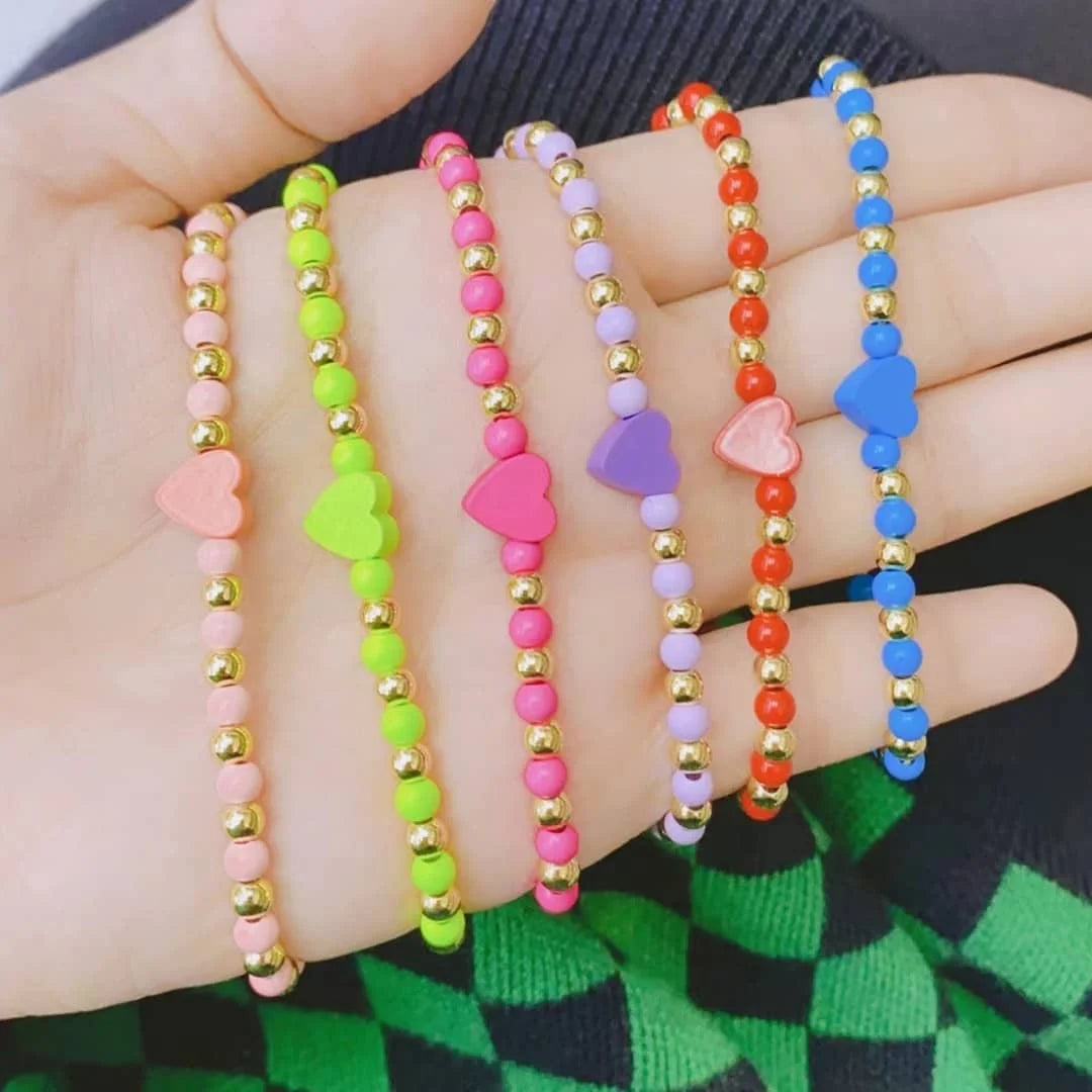 BM1106  Delicate Bohemian Chic 18K Gold Ball Colorful Beaded Multicolored Enamel Love Heart Bead Bracelets for Women