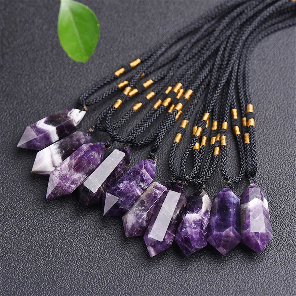 Healing Gemstone Crystal Hexagonal Column Feishui Energy Couple Necklace Spiritual Irregular Amethyst Necklace Men Bride Jewelry