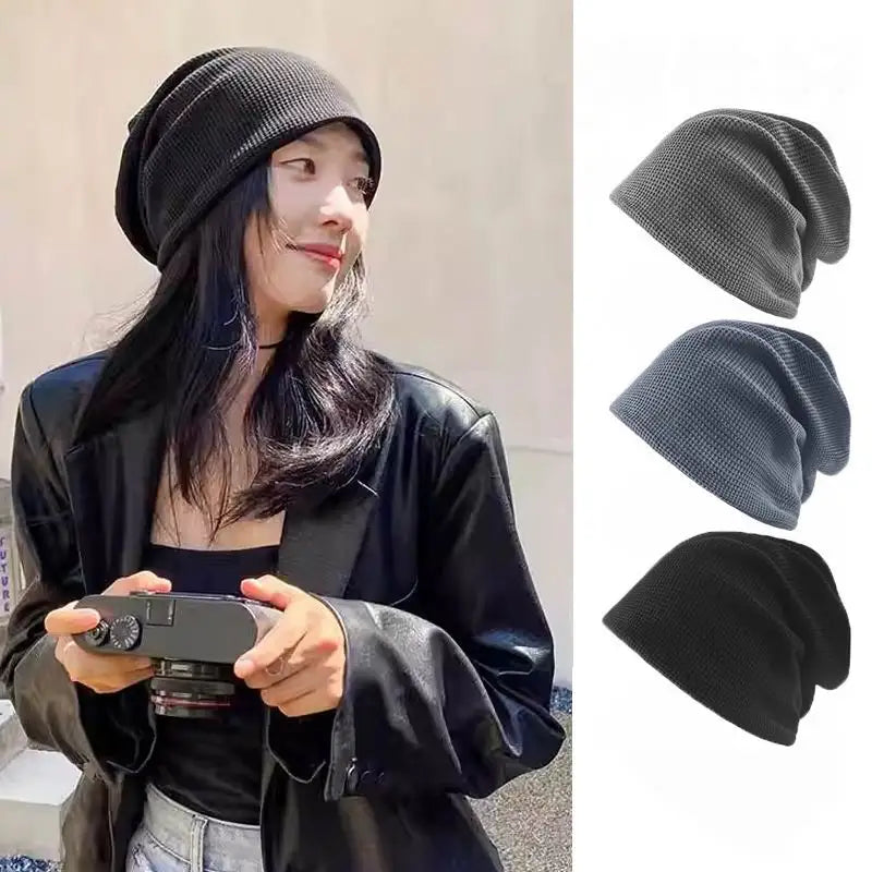 Women Knitted 90% Polyester 10% Spandex Hat Warm Pile Hat Double Layer Turban Slouchy Waffle Beanie