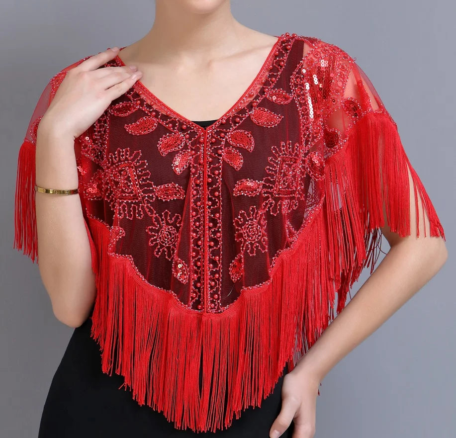 Women 1920s Sequined Shawl With Tassels Beaded Pearl Fringe Sheer Mesh Wraps Gatsby Flapper Bolero Cape Cover up