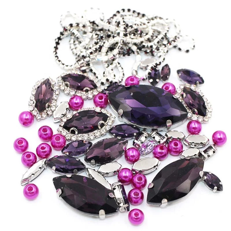 New Fashion Deep Purple Horse Eye Mix Size Crystal Glass Sew-on Rhinestones+pearl+cup Chain