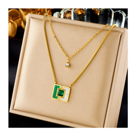 Stainless Steel 18K Gold Plated Emerald Zircon Pink Zircon Layered Heart Butterfly Adjustable Chain Necklace for Women
