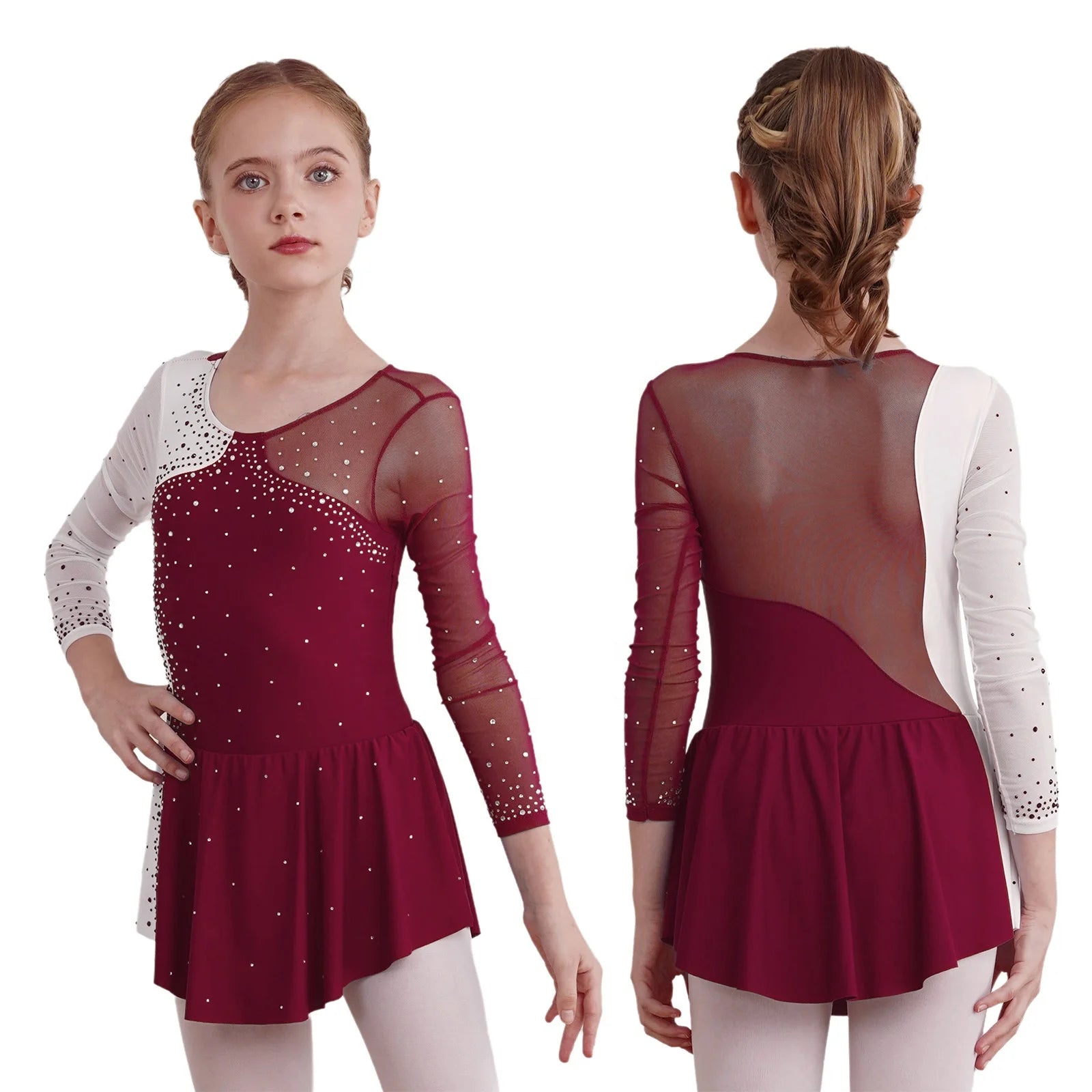 Wholesale Kids Girls Long Sleeve Round Neckline Shiny Rhinestone Decorated Patchwork Skating Dance Dress