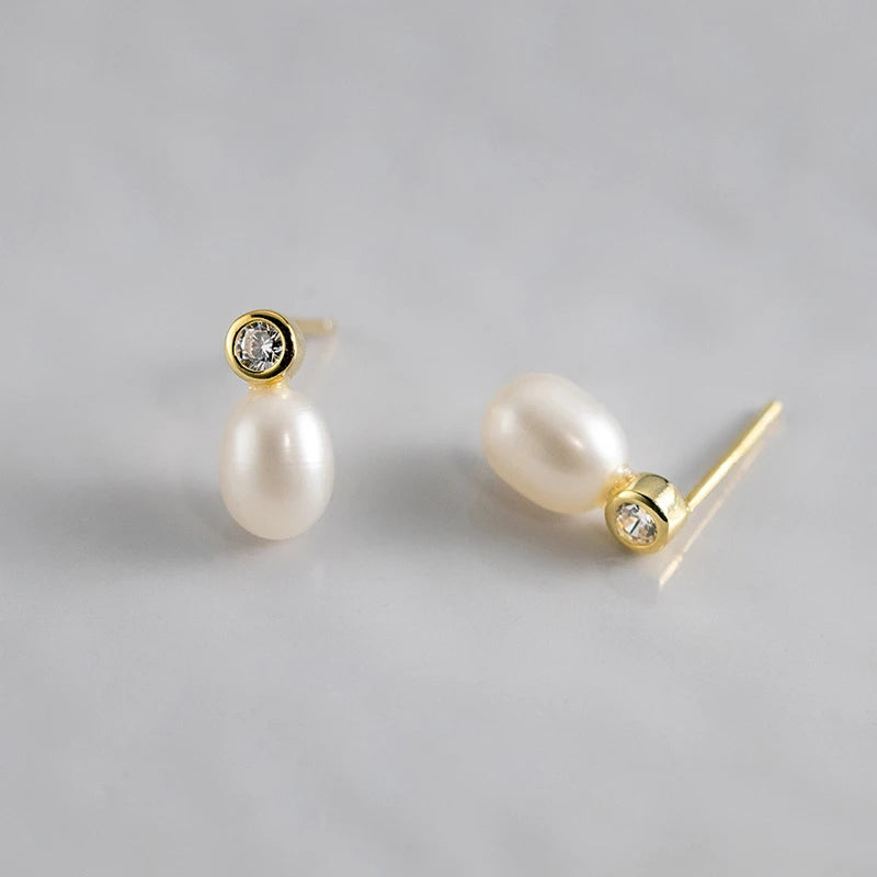 925 Sterling Silver Fine Jewelry Accessories Fashion Gold Plated Zircon Pearl Drop Earrings Natural Baroque Style Stud Trendy