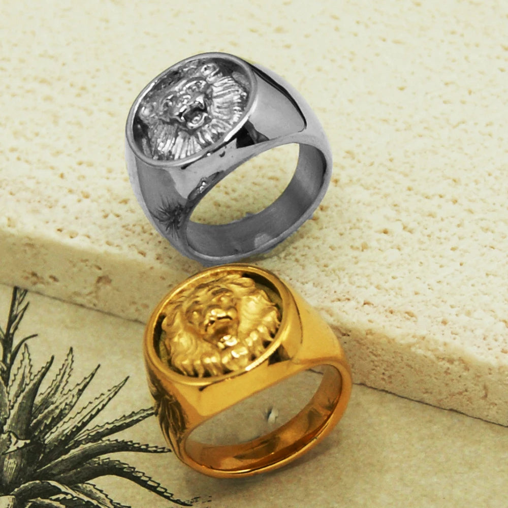 Vintage African Wild Animal Lion Head Rings for Men Stainless Steel Silver Gold Signet Ring Punk Statement Oxidized Ring Jewelry