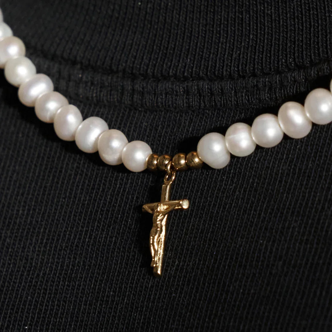 Trendy Stainless Steel Statement Jewelry Set Gold Plated Mens Compass Pearl Pendant Chain Choker Crucifix Pearl Necklace