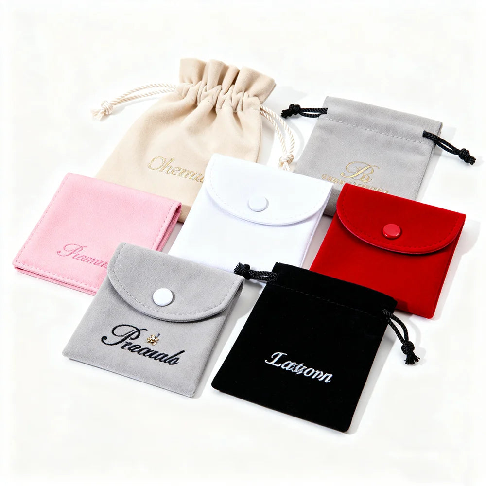 Microfiber Packaging Bag Jewelry Pouch Print Elegant Design Ribbon Flap Suede Gray Jewelry Box Customized Shape Customer's Logo