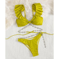 New Ruffle Solid Color Swimsuit Bikini Diamond Chain Bandage Bikini Sexy High Cut Bathing Suit
