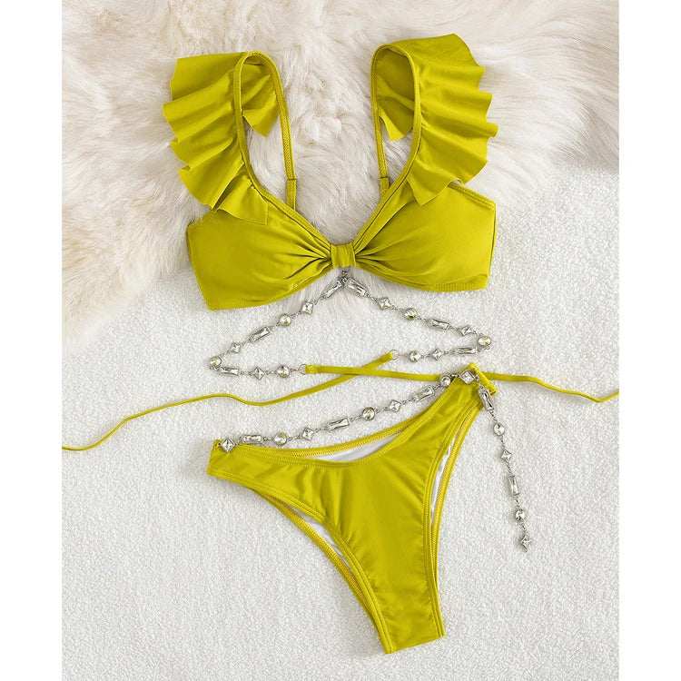 New Ruffle Solid Color Swimsuit Bikini Diamond Chain Bandage Bikini Sexy High Cut Bathing Suit