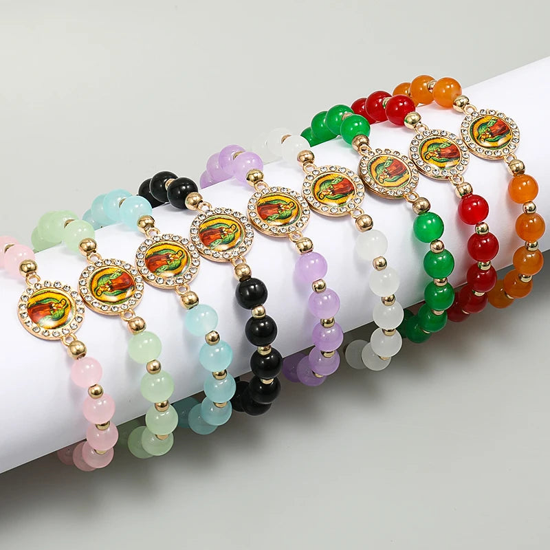 RisingMoon Handmade Jewelry Crystal Beaded Bracelet Glass Beads Religious Our Lady Virgin Mary Bracelet Stretch Bracelets